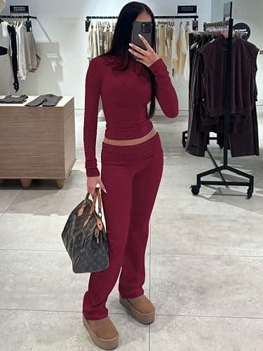 ZFLM Casual Workout Two Piece Outfits Long Sleeve High Waist Fold-Over Flared Leggings Pants Tracksuit Sets Streetwear thumbnail 5