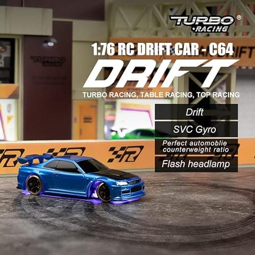 FLYCOLOR Turbo Racing 1:76 Scale Drift RC Car with Gyro Mini Full Proportional RTR 2.4GHZ Remote Control with 2 Replaceable Body Shell (C64-BLUE) thumbnail 3