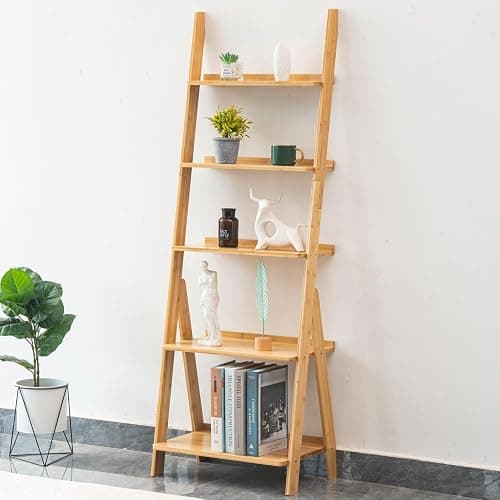 Maydear Bamboo Ladder Shelf Bookcase, 5-Tier Leaning Bookshelf Free Standing Organizer Storage Shelves for Living Room, Bedroom, Kitchen, Home Office, Balcony, Natural Wood - Image 1