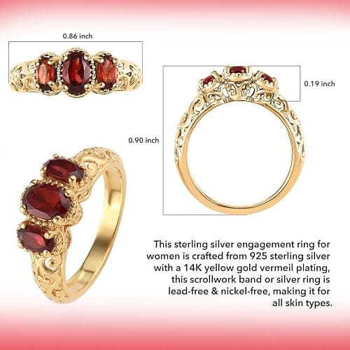 3 Stone Garnet Ring for Women in 925 Sterling Silver With 14K Gold Plating - January Birthstone Promise Engagement Vintage Red Garnet Jewelry - Birthday Anniversary Wedding Gifts for Womens thumbnail 5