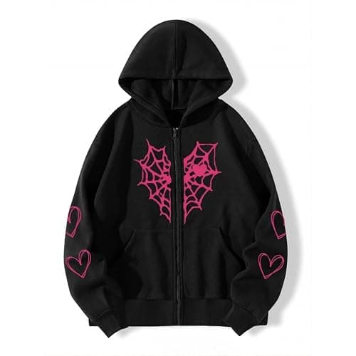 Oversized Y2K Zip Up Hoodie for Women Men Gothic Spider Web Heart Graphic Sweatshirt Punk Harajuku Alt Emo Streetwear - Image 1