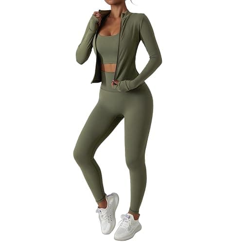 Women’s 3 Piece Workout Set – Sports Bra, Leggings & Jacket with Thumbholes – Yoga Outfit Activewear for Gym Running Training - Image 1