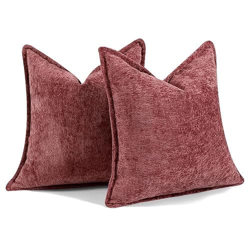 DEZENE Pack of 2 Burgundy Fall Decorative Throw Pillow Covers 18x18 Cozy Soft Chenille Accent Vintage Square Couch Pillow Covers for Home Decor Bed Sofa Living Room thumbnail 7