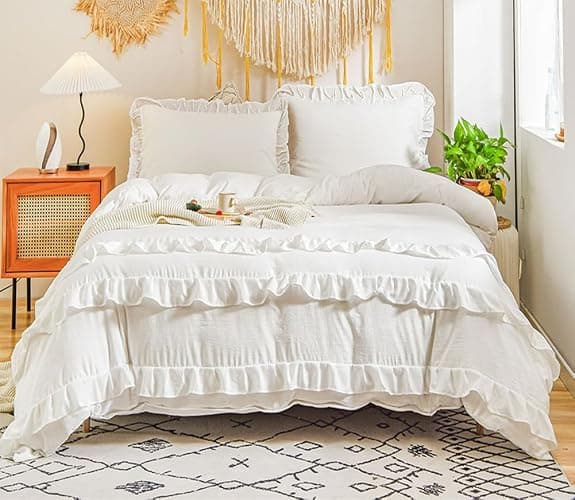 Koudi White Ruffled Shabby Chic Duvet Cover Set Queen Size Vintage Ruffle Fringe Comforter Cover Solid Color Farmhouse Rustic Bedding Set Soft Microfiber with Zipper Ties thumbnail 3