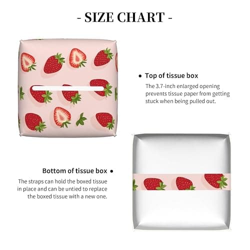 Tissue Box Cover, Pink Strawberry Pu Leather Square Tissue Holder, Waterproof Durable Facial Tissue Protector, Home Decor thumbnail 6