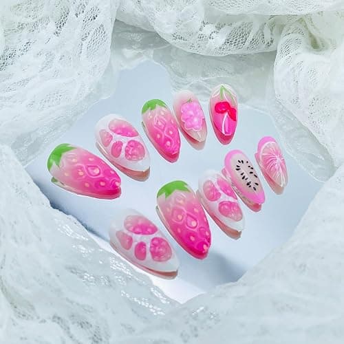 24Pcs Summer Fruit Press on Nails Almond Long Fake Nails with 3D Cherry Strawberry Designs Glossy Pink False Nails Summer Glue on Nails Full Cover Acrylic Stick on Nails for Women Girls DIY Decoration thumbnail 5