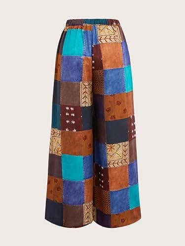 WDIRARA Women's All Over Print Patchwork Wide Leg Hippie Elastic High Waist Boho Pants - Small - A Multicolor Brown Animal thumbnail 2