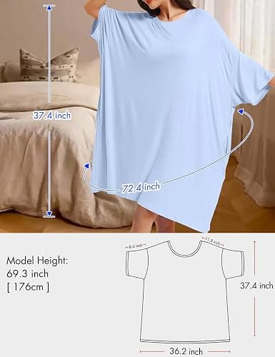 KFUBUO Plus Size Nightgowns for Women Oversized Sleep Tshirts Dress Short Sleeves Sleepwear With Pocket Fit S-5XL thumbnail 4