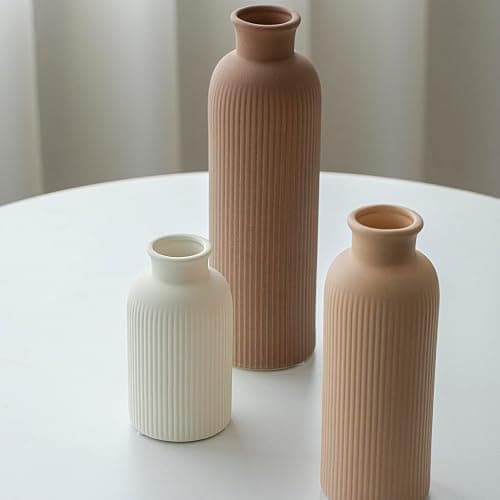 Modern Ceramic Vase Set, Earth Tone Natural Color Ribbed Matte Design, 3-Piece Decorative Vases for Home, Living Room, Office (Coffee Mix) thumbnail 5