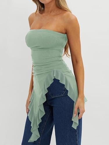 Womens Strapless Tube Tops Summer Asymmetrical Long Ruched Mesh Shirts Cute Y2k Ruffle Hem Going Out Bandeau Top thumbnail 2