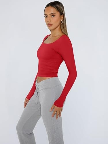 Trendy Queen Womens Long Sleeve Shirts Crop Tops Fall Fashion 2025 Square Neck Going Out Basics Tees Y2k Clothes thumbnail 4
