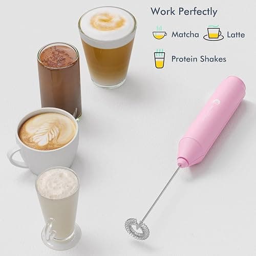 Powerful Milk Frother Handheld Foam Maker, Mini Whisk Drink Mixer for Coffee, Cappuccino, Latte, Matcha, Hot Chocolate, With Stand, Pink thumbnail 5