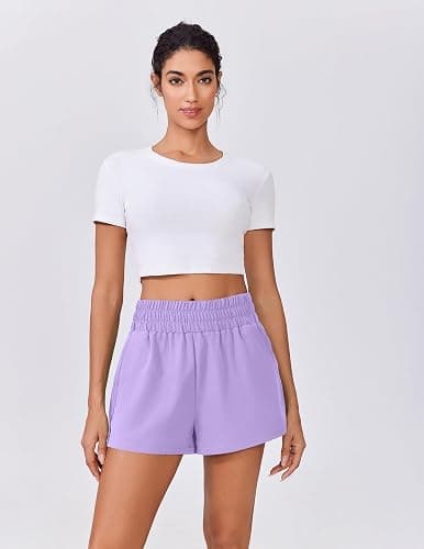 PINSPARK Womens High Waisted Quick Dry Running Gym Shorts, Lightweight Linerless Workout Athletic Shorts with Pockets - Lilac - Large thumbnail 2
