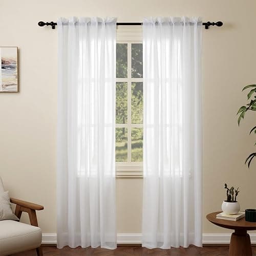 Pacok White Voile Curtains, 84 Drop 2 Panels Net Curtain for Windows, Rod Pocket Sheer Curtain Panel Voile Curtains for Living Room Kitcken Bedroom W56xL84 Inch(White, 142 x 213cm) - Image 1