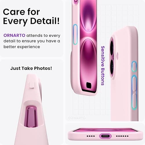 ORNARTO Compatible with iPhone 16 Plus Case 6.7",Liquid Silicone 3 Layers Full Covered Soft Gel Rubber Phone Case,Shockproof Protective Cover 6.7 Inch with Anti-Scratch Microfiber Lining-Chalk Pink thumbnail 5
