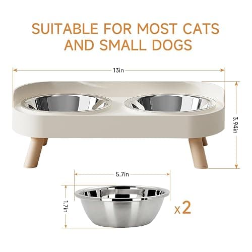 Elevated Cat Bowl, Raised Cat Food and Water Bowl Set for Indoor Cats, Splash Proof with 2 Stainless Steel Pet Food Bowls for Cats and Puppies, Whisker Fatigue and Dishwasher Safe - White thumbnail 6