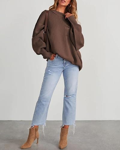 LCRRRN Women's Oversized Sweaters 2025 Crewneck Long Sleeve Batwing Pullover Tops thumbnail 3