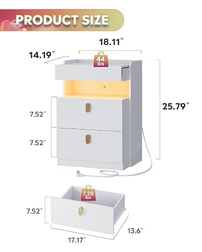 WLIVE White Nighstand with Charging Station and LED Lights, Night Stand with Sliding Top, Modern Bedside Table with 2 Drawers, End Tables for Bedroom, Living Room, White thumbnail 2