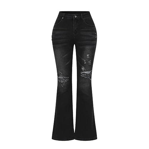 THUNDER STAR Womens Stretchy Mid Rise Flare Jeans Distressed Denim Bell Bottom Pants - Image 1