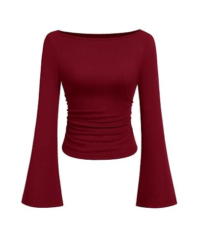 PRETTYGARDEN Womens Bell Long Sleeve Ribbed Knit Tops | Trendy Boat Neck Y2K Cropped Going Out Tops, Ruched Slim Fit Cute Garment Friendly Shirts, Fall Outfits, Fashion Clothing - Image 1