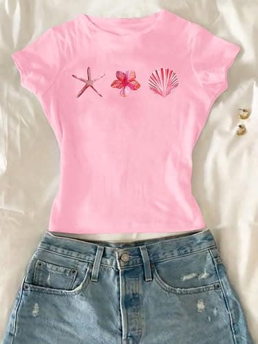 RoseSeek Girl's Floral Graphic Crop Tops Tees Short Sleeve Crewneck Cute Slim Fit T Shirt Summer Tops thumbnail 2