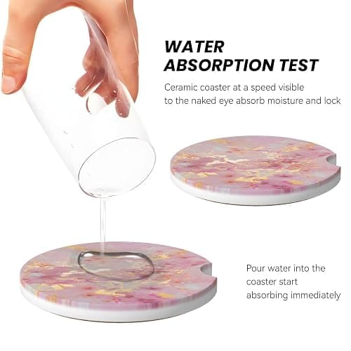 Car Coaster for Cup Holders, 2 Pack Absorbent Ceramic Car Cup Holder Coaster, Cute Auto Assecories for Women Men, Universal Size 2.56 in with Finger Notch & Cork Base, Gold Pink Marble thumbnail 4