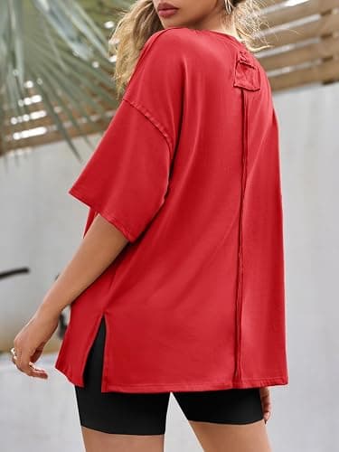 Tankaneo Womens Oversized Tshirts Summer Casual Short Sleeve Crew Neck T Shirt Loose Fit Side Slit Tee Tops thumbnail 7