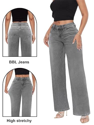 ONESO Mid-Low Rise Baggy Jeans Wide Leg for Women Distressed Pants Stretchy Bottom Lady Basic Comfortable Denim thumbnail 6