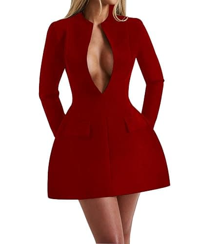 LuFeng Women's Long Sleeve Sexy Deep V Neck Zipper A-line Mini Dress Hollow Bodycon Night Out Party Dress thumbnail 3
