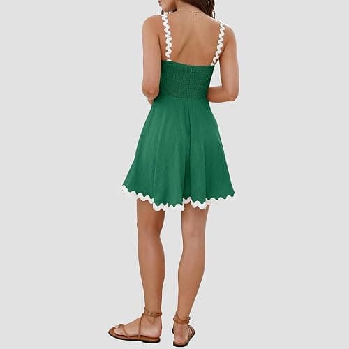 Senllen Womens Summer Flowy Mini Dress 2026 Casual Spaghetti Straps Sleeveless Smocked Backless Swing Wave Trim Sundress thumbnail 3