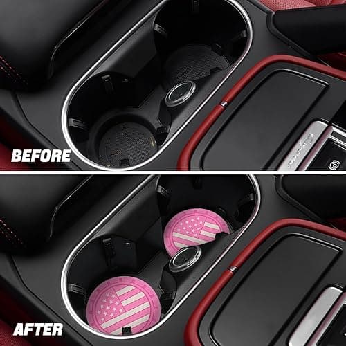 Osilly Car Cup Holder Coasters, 4 Pack American Flag Insert Car Cup Coaster, 2.75 Inch PVC Anti Slip Shockproof Embedded Drink Mat, Car Interior Decoration Accessories for SUV, Truck (Pink) thumbnail 5