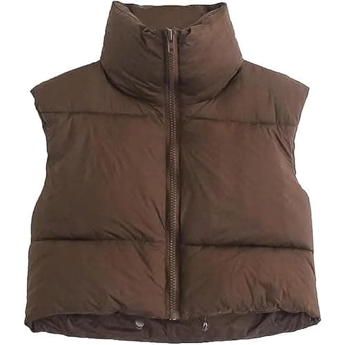 Shiyifa Women's Fashion High Neck Zipper Cropped Puffer Vest Jacket Coat - Image 1