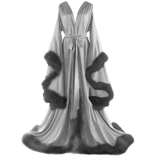 Daily Life Mall Women's Feather Bridal Robes Old Hollywood Maternity Photoshoot Nightgown Silk Bathrobe Long Lingerie - Image 1