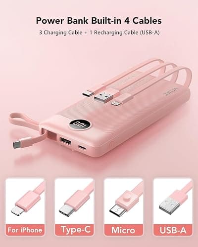 VRURC Portable Charger Power Bank, 10000mAh Travel Essentials Battery Pack, 5 Outputs 2 Inputs Slim Charging Bank Built-in Cables Cords Wires Compatible with iPhone,Samsung,Android-Pink(1 Pack) thumbnail 2