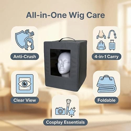 Axtrulix Cosplay Wig Travel Bag Portable Wig Storage Box | Removable Head-Holding Foldable Oxford Cloth Case Clear Window Handle Backpack Shoulder & Luggage Strap (NO mannequin head) M thumbnail 6
