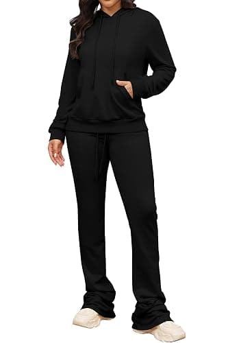 Women's Sweatsuits Sets 2 Piece Outfits Drawstring Hoodies Stacked Jogger Sweatpants Tracksuits Casual Set thumbnail 2