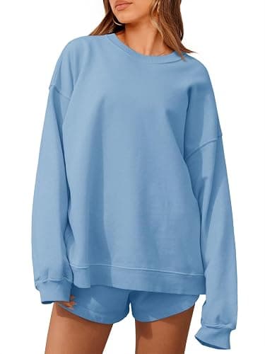 Tankaneo Womens Oversized 2 Piece Outfits Sweatsuit Casual Long Sleeve Crewneck Sweatshirts Sweat Shorts Fall Lounge Sets - Image 1