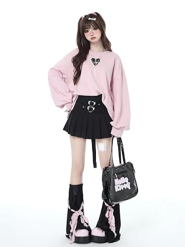 OATSBAS Women's Cute Sweatshirts Love Heart Print Y2K Bow Tie Lace Up Cute Loose Casual Long Sleeve Top thumbnail 5
