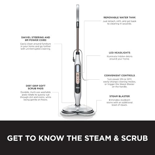 Shark Automatic Steam Mop - 2 Rotating Power Pads, 3 Steam Settings, Stain & Dirt Removal, For Sealed Hard Floors, 8m Cord, White & Grey S8201UK thumbnail 9