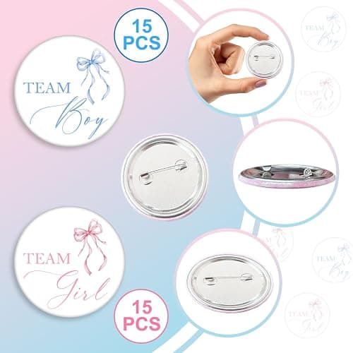 30 Pcs Gender Reveal Pins, Metal Badge Pins for Team Boy and Team Girl, Baby Shower Badges Pins for Party Game, Pink Bow Blue Bow Baby Shower Badges Pins for Guests, Gender Reveal Decor, 1.5 Inch thumbnail 3