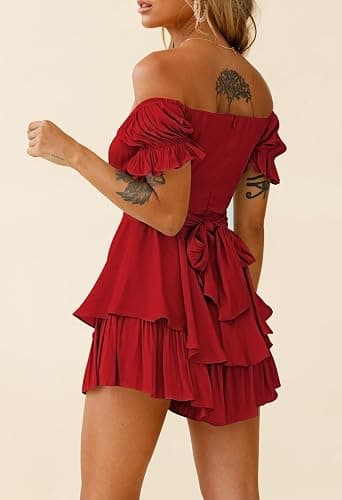 Fixmatti Women Boho Romper Off Shoulder Ruffle Chiffon Shorts Jumpsuit Playsuits thumbnail 4