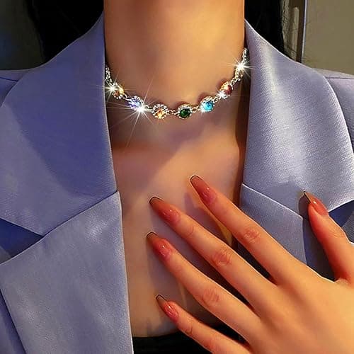 ACEDRE Colorful Crystal Choker Necklace Sparkly Rhinestone Chokers Necklaces Gold Chain Party Prom Neck Jewelry for Women thumbnail 6