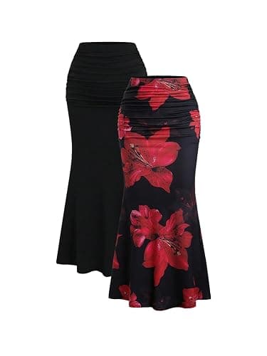 BEAUDRM Women's 2 Pack Fishtail Skirt Elegant Floral Ruched Skinny Bodycon Ruffle Long Skirts - Image 1