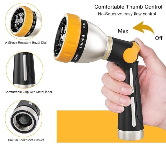 FANHAO Garden Hose Nozzle, 100% Heavy Duty Metal Spray Nozzle with Thumb Control, High Pressure Water Nozzle with 8 Adjustable Spray Patterns for Watering Plants, Washing Cars and Showering Pets thumbnail 4