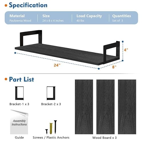 Harwaya Black Wall Shelves for Bedroom 24 Inch Long, 8 In Deep Floating Shelves for Wall, Large Wood Wall Mounted Bookshelf Hanging Shelf for Living Room Office Books Kitchen Closet Storage (Set of 3) thumbnail 2