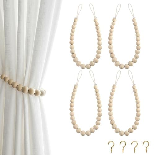 Hion 4 Pcs Boho Curtain Tiebacks,Wood Beads Curtain Holdbacks,Outdoor Farmhouse Tie Backs for Curtains,Curtain Holders for Drapes Home Office Room Decor with Hooks No Drilling(Wood Color) - Image 1