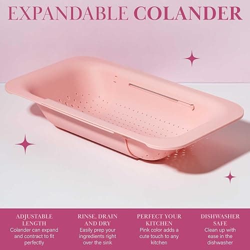 Paris Hilton Over the Sink Expandable Colander, Extendable Strainer, Adjustable from 14.5 inches to 19.5 inches, Fits most kitchen sinks, Made without BPA, Pink thumbnail 4