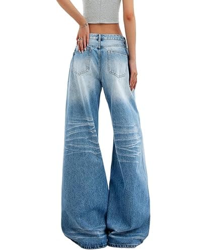 Women's Low Rise Wide Leg Flare Jeans Baggy Vintage 90s Bell Bottom Jeans Casual Loose Fit Boyfriend Denim Pants thumbnail 5