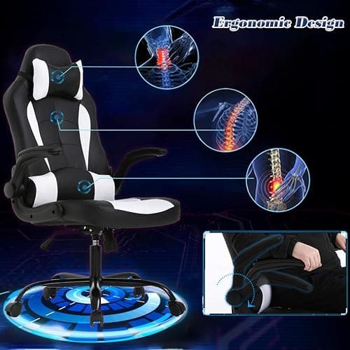 BestOffice PC Gaming Chair Ergonomic Office Chair Desk Chair with Lumbar Support Flip Up Arms Headrest PU Leather Executive High Back Computer Chair for Adults Women Men (White) thumbnail 4