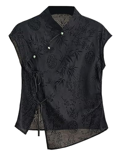 Women's Retro Chinese Style Cheongsam Top Summer Black Jacquard Short Sleeve Button Blouse T-Shirt - Image 1
